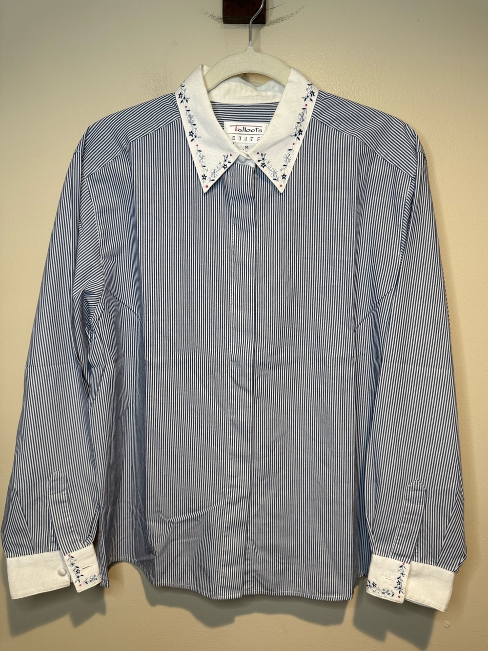 Vintage Talbots Blouse Blue Striped Button Up Shirt embroidered collar petites